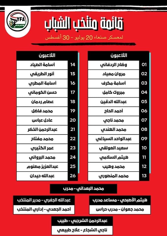 السبت القادم .. منتخب اليمن للشباب يبدأ معسكره الداخلي في صنعاء بقائمة من 26 لاعبًا