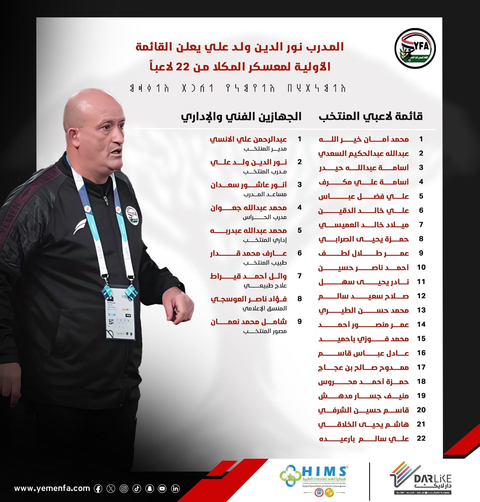 الجهاز الفني للمنتخب اليمني الأول يعلن القائمة الأولية للمعسكر الداخلي في المكلا استعداداً لمباراة لبنان