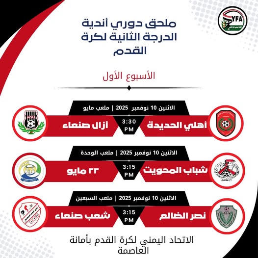 غدًا الاثنين.. انطلاق مباريات ملحق دوري الدرجة الثانية في صنعاء وانسحاب اهلي عدن وشمسان ونصر الضالع